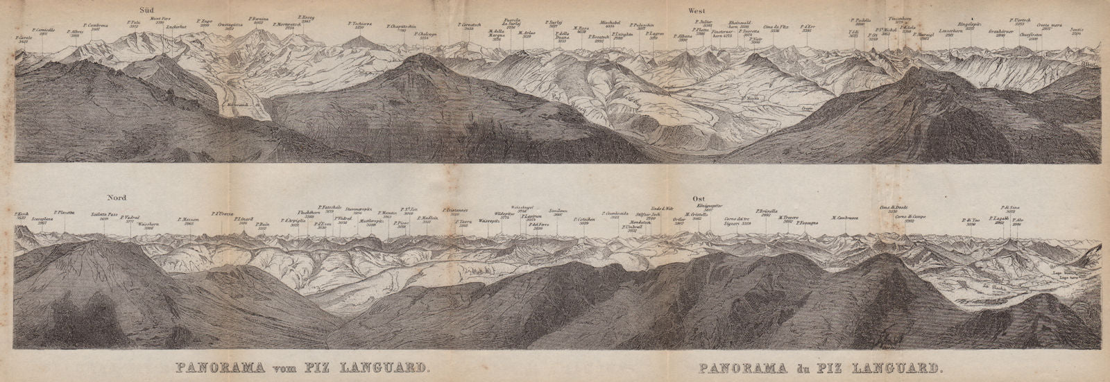 PIZ LANGUARD PANORAMA. Bernina Roseg Monte Rosa Mont Blanc Cristallo 1899 map
